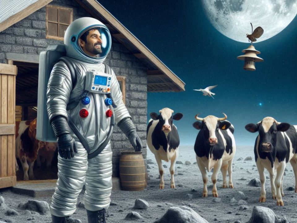 Unternehmensberatung | Neugründer. Das Bild zeigt einen Astronauten auf dem Mond; daneben stehen Kühe, die gemolken werden wollen.